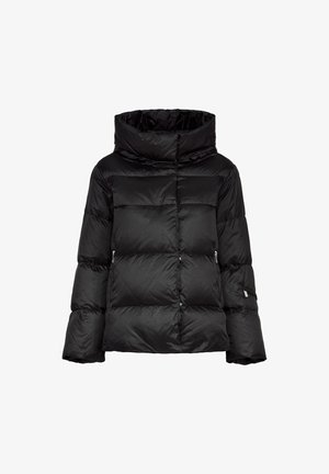 Czarna kurtka puchowa z wysokim kołnierzem, z pikowanymi sekcjami, bocznymi kieszeniami i gładką, błyszczącą teksturą.