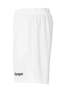 Hvide atletiske shorts lavet af letvægtsstof, med elastisk talje, sideslids og sort "Kempa" logo på venstre ben.