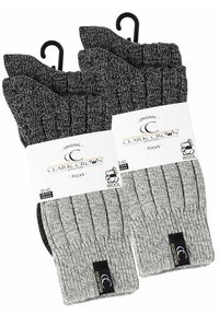 Calze di lana grigie e nere, con una texture a coste e design ripiegato. Include etichetta del marchio Clark Crown sul lato.