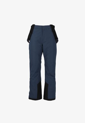 Navy waterproof snow pants with black accents, adjustable straps, and a relaxed fit. Features a smooth texture and reinforced lower legs.