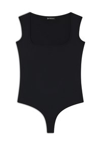 Body nero con scollatura quadrata, design senza maniche e chiusura a pressione sul fondo. Realizzato in tessuto liscio ed elasticizzato.