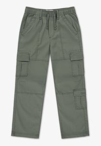 Καφέ χακί παντελόνι cargo με ελαστική μέση, κορδόνι, πλαϊνές τσέπες και μεγάλες τσέπες cargo σε κάθε πόδι. Κατασκευασμένο από ανθεκτικό ύφασμα.