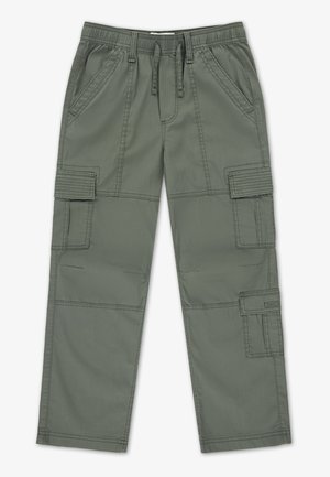 Khaki cargobroek met een elastische tailleband, trekkoord, zijzakken en grote cargozakken aan beide benen. Gemaakt van duurzaam stof.