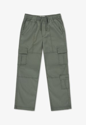 Khaki bojówki z elastyczną talią, sznurkiem do ściągania, bocznymi kieszeniami oraz dużymi kieszeniami cargo na obu nogawkach. Wykonane z wytrzymałej tkaniny.