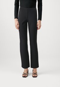 Black tailored trousers with a straight leg, made from smooth fabric; features a concealed waistband and no visible hardware.