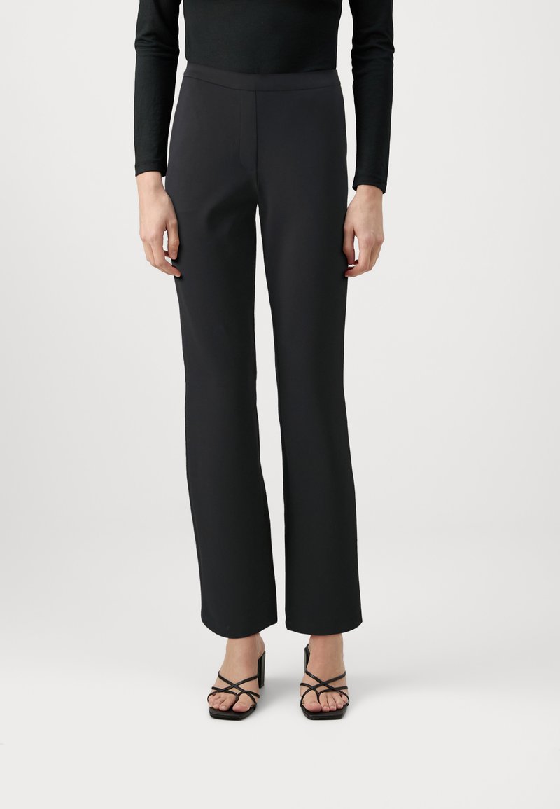 Black tailored trousers with a straight leg, made from smooth fabric; features a concealed waistband and no visible hardware.