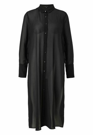 Longue robe-chemise noire transparente avec une patte de boutonnage intégrale, manches longues, larges poignets et col pointu.