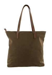 Bolso tote de lona verde oliva con asas de cuero marrón, forma rectangular, detalle de cremallera en un lado, textura sólida y sin patrones visibles.