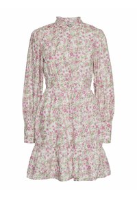 Långärmad blommig klänning med rosa och gröna blommor, hög hals, knäppt fram, rynkad midja och volangkant.