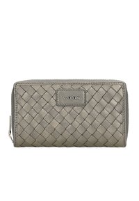 Grey woven leather wallet with a zip closure, featuring a rectangular shape and a subtle logo detail on the front. Textured surface.