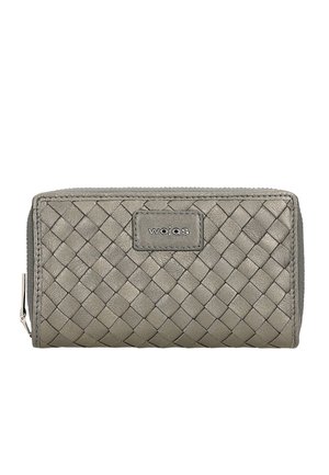 Grey woven leather wallet with a zip closure, featuring a rectangular shape and a subtle logo detail on the front. Textured surface.
