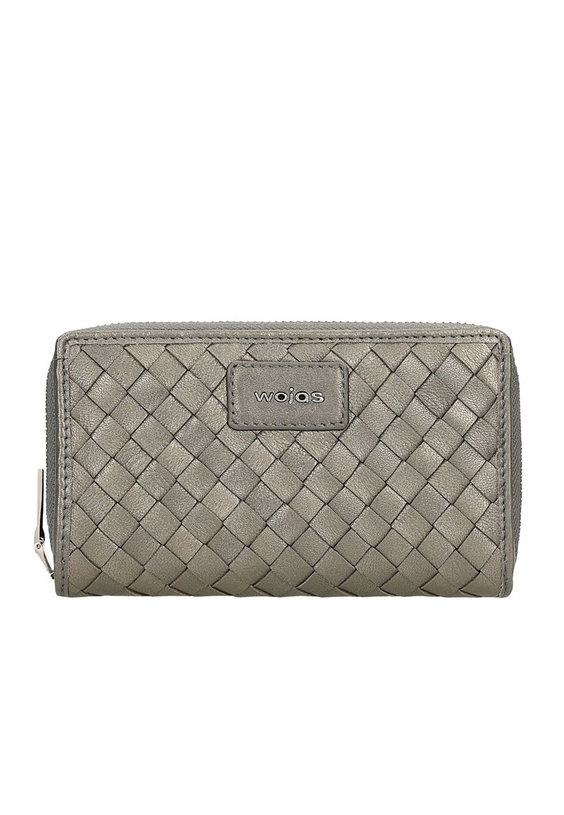 Grey woven leather wallet with a zip closure, featuring a rectangular shape and a subtle logo detail on the front. Textured surface.