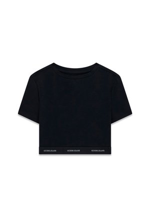 Schwarzes cropped T-Shirt aus weichem Stoff mit kurzen Ärmeln und rundem Halsausschnitt. Mit einem gebrandeten Band am Saum, auf dem "GUESS JEANS" in Weiß steht.