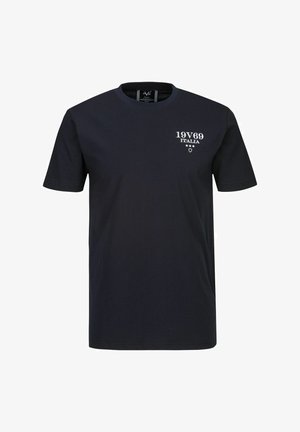 Schwarzes Baumwoll-T-Shirt mit Rundhalsausschnitt, kurzen Ärmeln und weißem Drucktext "19V69 ITALIA" mit drei Sternen auf der linken Brust.