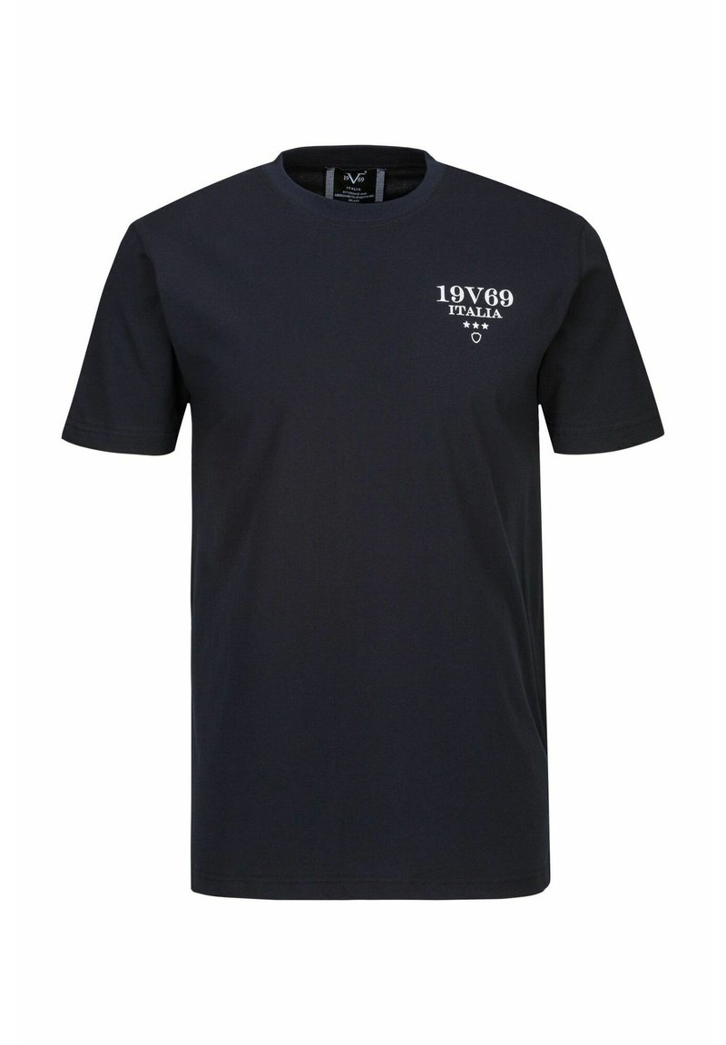 Zwarte katoenen T-shirt met een ronde hals, korte mouwen en witte bedrukte tekst "19V69 ITALIA" met drie sterren op de linkerborst.