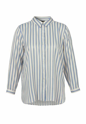 Chemise à boutons en tissu léger, présentant des rayures verticales bleues et blanches, un col classique et des manches longues avec des poignets boutonnés.