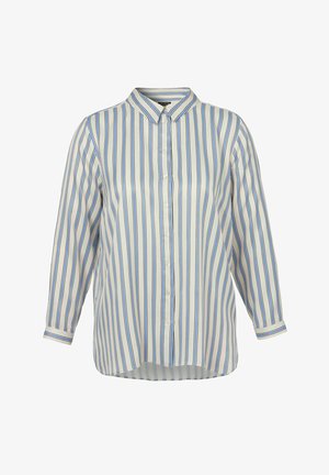 Button-up shirt in lightweight fabric, featuring vertical blue and white stripes, classic collar, and long sleeves with buttoned cuffs.