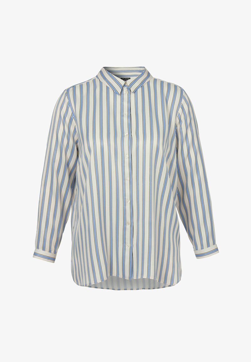 Overhemd van lichtgewicht stof, met verticale blauwe en witte strepen, klassieke kraag en lange mouwen met knoopcuffs.