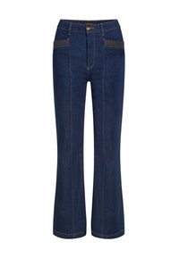 Donkerblauwe spijkerbroek met een rechte pijp, voorzien van contrasterende gouden stiksels, twee voorzakken en een knoopsluiting in de taille.