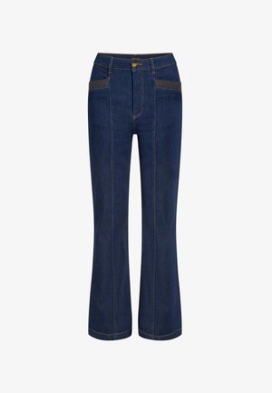 Dunkelblaue Jeans mit geradem Schnitt, ausgestattet mit kontrastierendem goldfarbenen Stickerei, zwei vorderen Taschen und einem Knopfverschluss an der Taille.