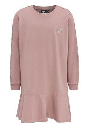 Langärmliges rosa Kleid aus weicher Baumwolle, mit fließendem Saum, geripptem Ausschnitt und Logo-Stickerei auf der Brust und den Ärmeln.