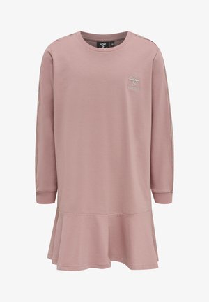 Langärmliges rosa Kleid aus weicher Baumwolle, mit fließendem Saum, geripptem Ausschnitt und Logo-Stickerei auf der Brust und den Ärmeln.