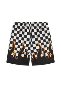 Shorts de bain noir et blanc à motifs de damier avec graphiques de flammes orange. Taille élastique pour un bon maintien. Tissu léger.