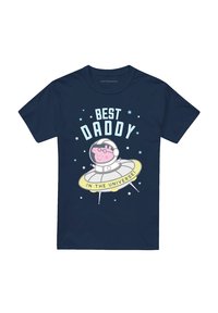 Marineblaues Baumwoll-T-Shirt mit einem Grafikdesign eines Schweins im Raumanzug auf einer fliegenden Untertasse, ergänzt durch den Text "BESSTER DADDY IM UNIVERSUM" und Sterne.