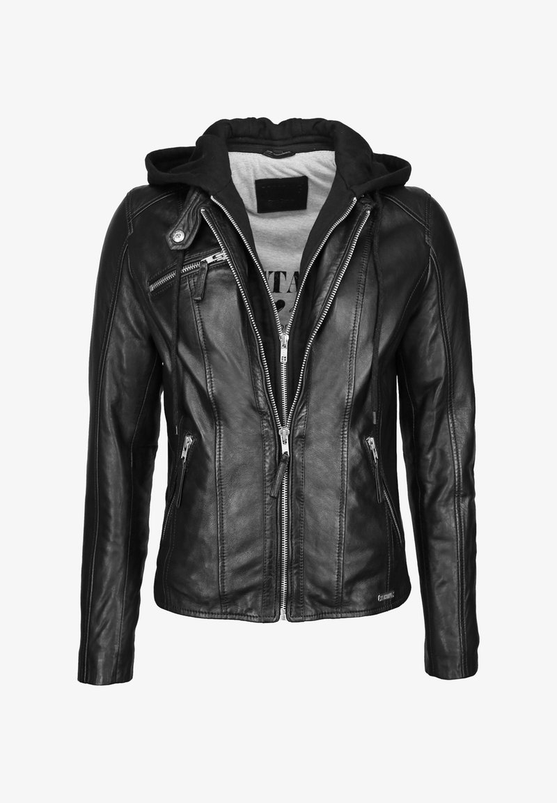 Schwarze Leder-Motorradjacke mit einem Reißverschluss vorne, angeschlossener schwarzer Kapuze, seitlichen Reißverschluss-Taschen und detaillierter Nähte.