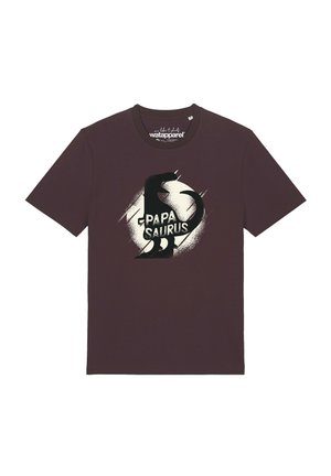 Donkerbruin T-shirt met een zwarte dinosaurusafbeelding en de tekst "PAPASAURUS" in wit in het midden voor.