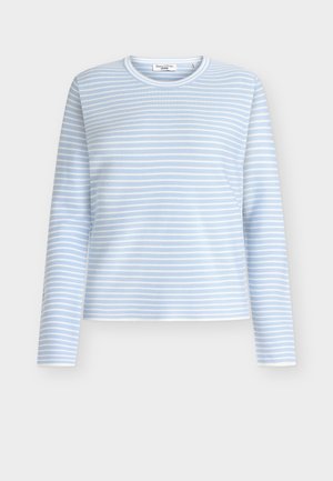 Φουτέρα μακρύμανικο γαλαζιό με λευκές οριζόντιες ρίγες, στρογγυλένος λαιμόκοψη και απαλή υφή. Σχεδιασμένο με άνετη γραμμή και ελάχιστες λεπτομέρειες.