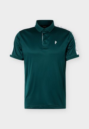 Mørkegrøn kortærmet poloshirt med krave, tre knapper, hvide sidestreger med sort tekst og lille hvidt logo på brystet.