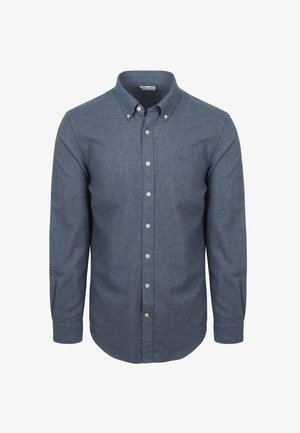Heren overhemd met lange mouwen in blauwe chambray stof, met een button-down kraag en witte knopen aan de voorkant.