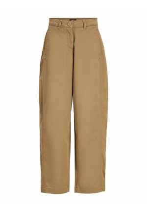 Pantalon beige taille haute avec passants pour ceinture, fermeture par bouton et zip, jambes droites larges et poches latérales.
