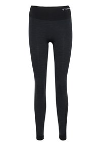 Leggings sportivi neri con un tessuto testurizzato e una ampia cintura elastica. Presentano pannelli laterali per una maggiore traspirabilità.