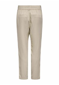 Pantalon beige à taille élastique avec jambes droites et deux poches passepoilées à l'arrière.