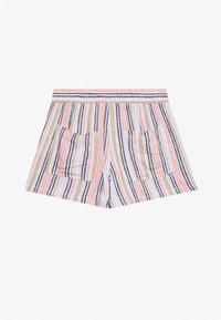Shorts rayés avec des lignes verticales en rose, beige, bleu et noir, dotés d'une taille élastique et de deux poches avant.