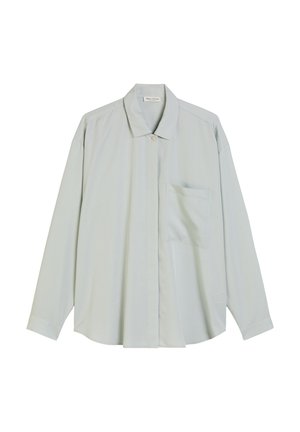 Lichtgroen button-up shirt met een kraag, lange mouwen en een borstzak. Soepele textuur en ontspannen pasvorm, minimalistisch ontwerp.