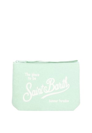 Bustina verde chiaro con zip e testo bianco "The place to be Saint Barth Summer Paradise" sul davanti.