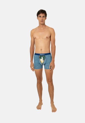 Jeune homme debout pieds nus, portant un boxer bleu à motifs avec un graphisme coloré d'oiseau et une ceinture « WAXX », sur un fond blanc uni.