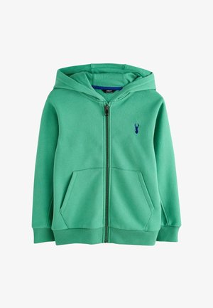 Žalias užtraukiamas džemperis su gobtuvu, priekinėmis kišenėmis, ribotomis rankogaliais ir mažu tamsiai mėlynu elnio logotipu ant krūtinės.