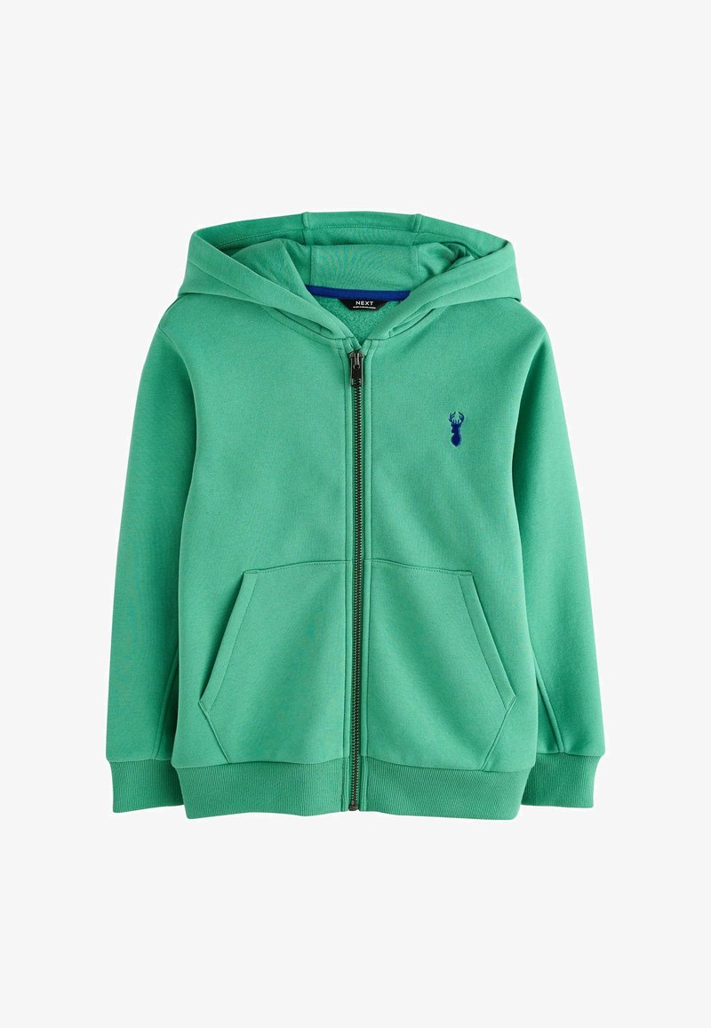 Zöld cipzáras kapucnis pulóver, elülső zsebekkel, bordázott mandzsettákkal és egy kis tengerészkék szarvaslogóval a mellkason.