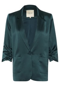 Mörkgrön satängblazer med rynkade trekvartslånga ärmar, revirkragar, två framfickor och en enkel knappstängning.