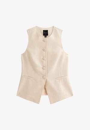 Beige Leinenweste mit geradem Schnitt, sieben großen Knopfverschlüssen und zwei Vorderaschen. Mit ärmellosem Design und dezentem Muster.