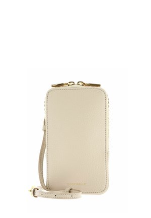 Petit porte-monnaie rectangulaire en cuir beige avec fermeture éclair dorée et sangle réglable, nom de la marque "Coccinelle" embossé au centre en bas.