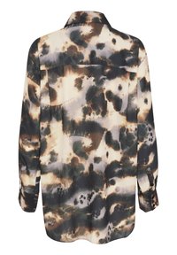Maglietta a maniche lunghe in tessuto leggero, caratterizzata da un motivo tie-dye con tonalità di beige, marrone e verde. Polsini con bottoni, colletto e vestibilità rilassata.