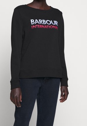 Zwarte sweatshirt met lange mouwen, geribbelde manchetten en een ronde hals. Voorzien van "BARBOUR INTERNATIONAL" in vetgedrukte meerkleurige letters.