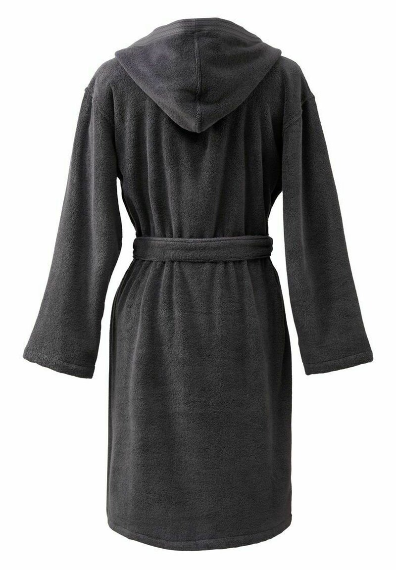 Accappatoio con cappuccio grigio scuro, realizzato in morbido tessuto di spugna. Caratterizzato da maniche lunghe, vita con cintura e orlo curvo.
