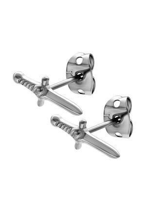 Silver stud earrings shaped like swords, featuring detailed grips and blades, with a polished metallic finish and sturdy backing.