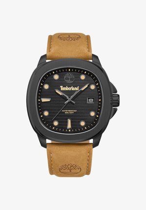 Timberland ur med en sort tekstureret skive med guld accenter, rund kasse og tan læderrem. Vandafvisende op til 50m.